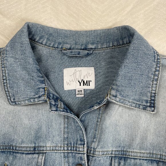 With Love YMI Light Steel Blue Cinched Hem Rose Gold Button Front Jean Jacket M - Picture 3 of 11